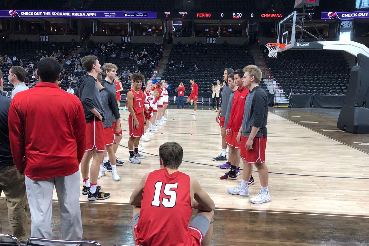 Ferris’ Cole Omlin waits to be introduced before the Saxons’ District 8 4A loser-out game against Chiawana at the Spokane Arena on Feb. 16, 2019. (Dave Nichols / The Spokesman-Review)