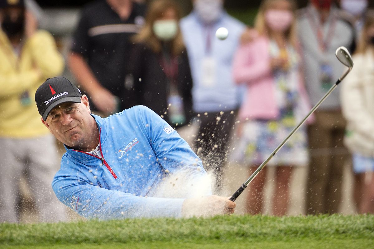 Stewart Cink hits out of the bunker on the 15th hole during the second round of the RBC Heritage golf tournament in Hilton Head Island, S.C., Friday, April 16, 2021.  (Associated Press)