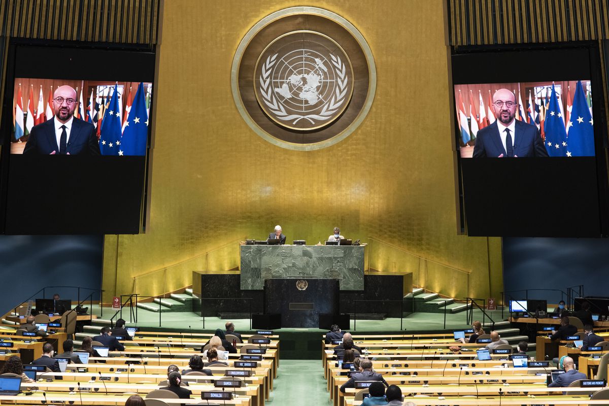 In this photo provided by the United Nations, European Council President Charles Michel speaks in a pre-recorded message which was played during the 75th session of the United Nations General Assembly, Friday, Sept. 25, 2020.  (Evan Schneider)