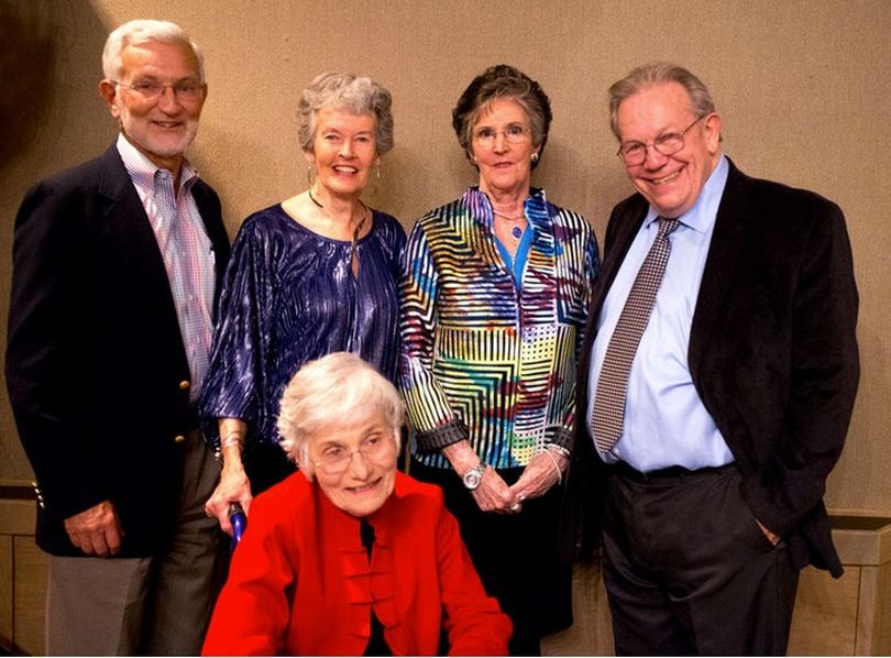 Marilyn Shuler sits in front of, from left to right: Steve and Judy Meyer, Sandi Bloem and Norman Gissel on Friday at the Kootenai County Task Force on Human Relations' 19th annual banquet. All five were inducted into the Idaho Hall of Fame. (JAKE PARRISH/CDA PRESS)