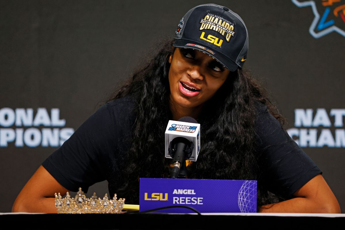 DALLAS, TEXAS - APRIL 02: Angel Reese #10 of the LSU Lady Tigers speaks during a press conference after the LSU Lady Tigers beat the Iowa Hawkeyes 102-85 during the 2023 NCAA Women