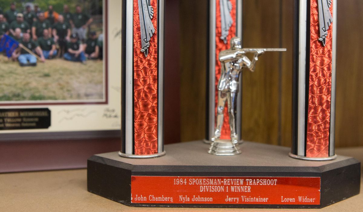 A trophy from the 1984 trapshoot competition is displayed at the Spokane Gun Club on Wednesday, Jan. 3 2018. The Inland Northwest Trapshoot is in its 100th year. (Eli Francovich / The Spokesman-Review)