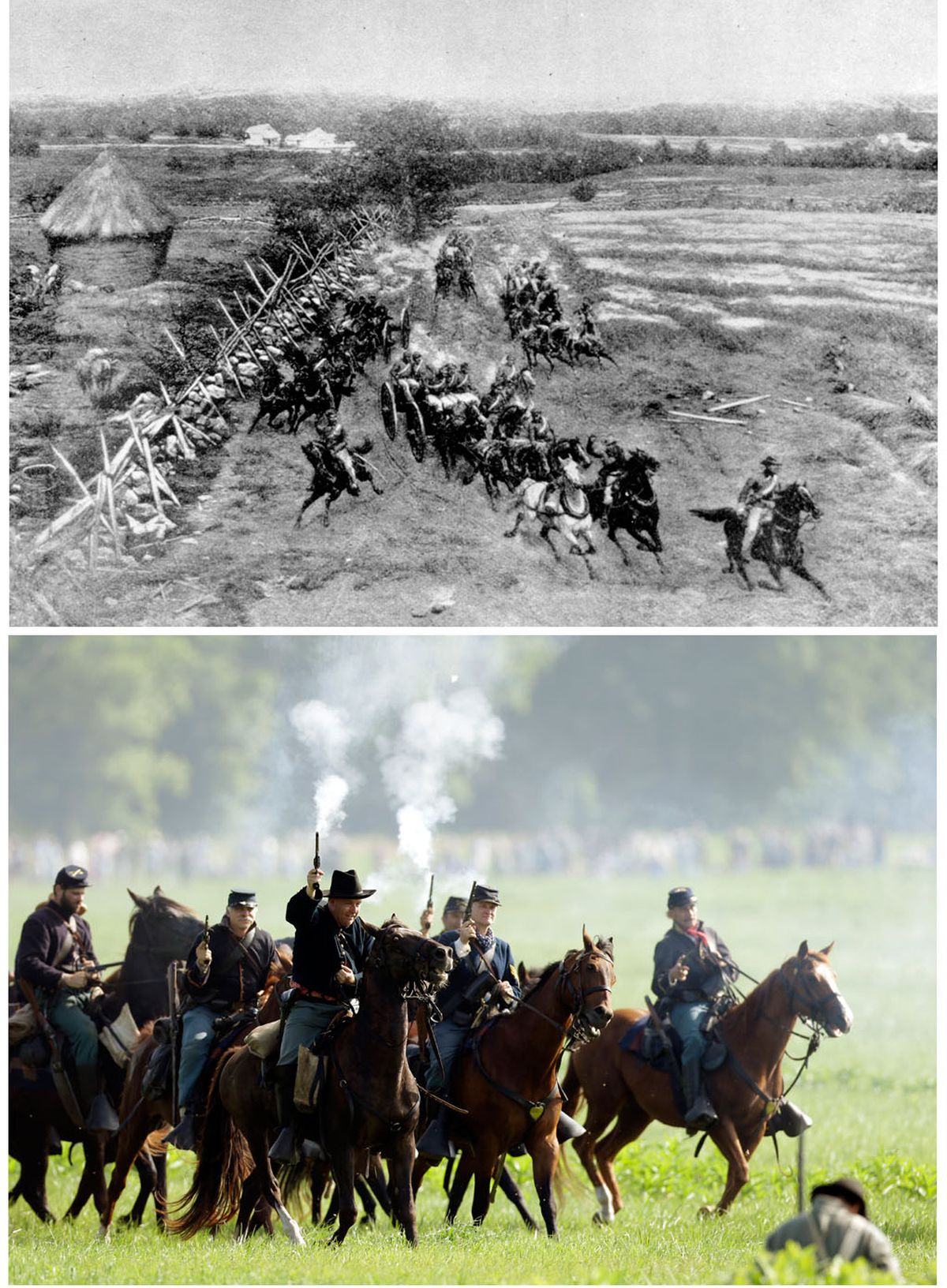 A sketch from the U.S. Army Signal Corps shows the Union Army galloping into action on horseback at the Battle of Gettysburg. (Associated Press)