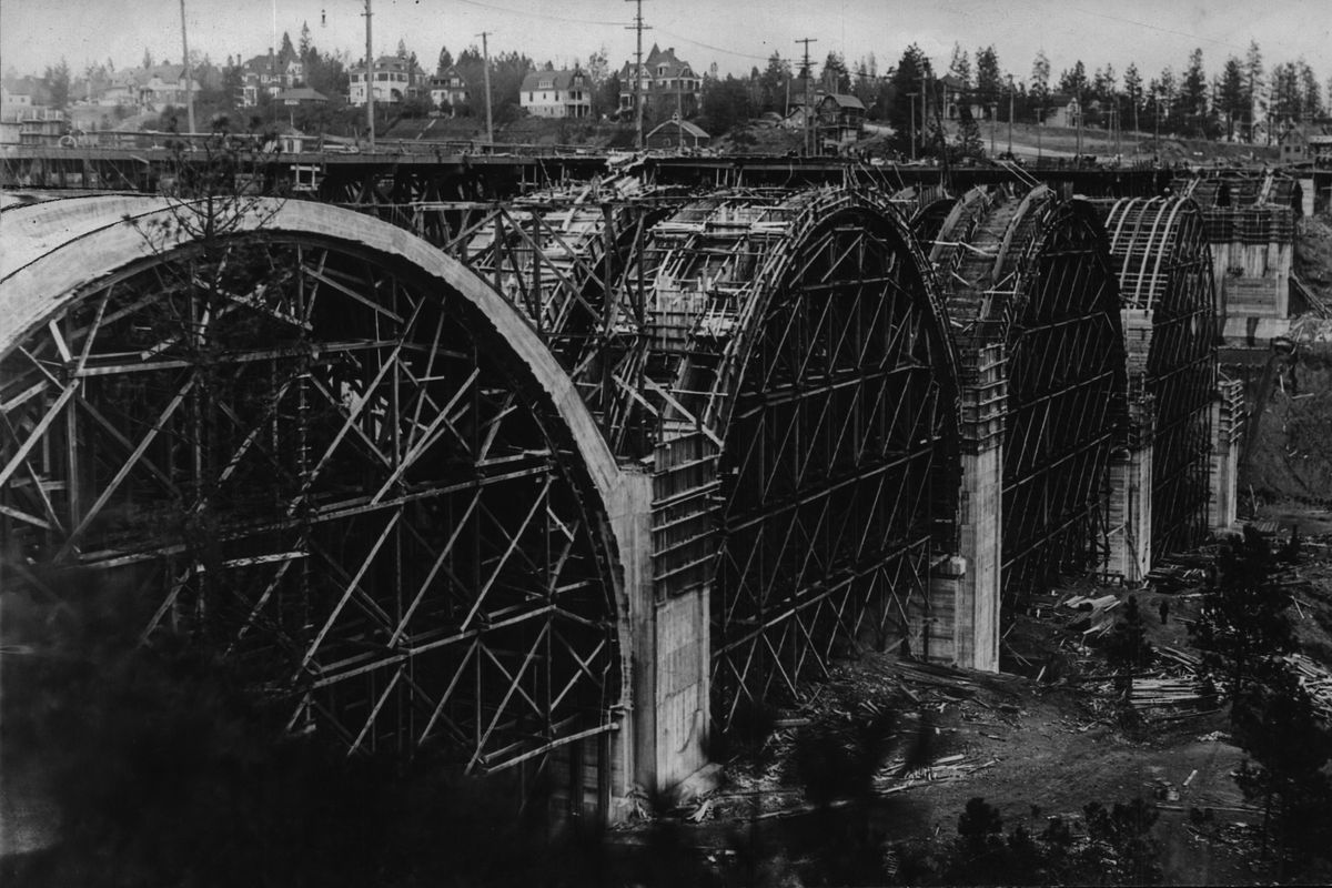 1911 - Work begins on a new Latah Bridge, which was destined to draw national interest for its engineering and construction. The structure, over Latah Creek at the western edge of Spokane, was built by J.E. Cunningham, Spokane contractor. It opened to traffic on Oct. 16, 1913, the bridge was 1,100 feet long almost 200 feet longter than Monroe Street Bridge. Photo from a collection of E.L. Cunningham (E.L. Cunningham)