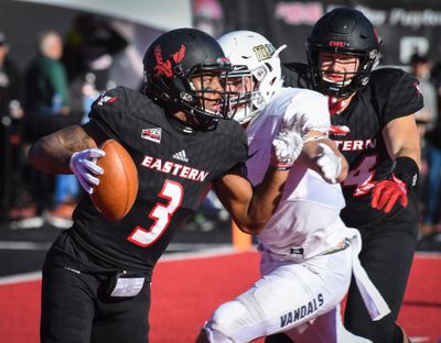 Eastern Washington University QB Eric Barriere (3) breaks free for a long run against Idaho with help from OL Beau Byus (74), Saturday, Oct. 27, 2018, in Cheney, Wash. Dan Pelle/THE SPOKESMAN-REVIEW  (DAN PELLE)