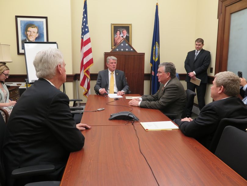 From left, Senate President Pro-Tem Brent Hill, Gov. Butch Otter, House Speaker Scott Bedke and Attorney General Lawrence Wasden meet Wednesday, March 8, as Idaho's Constitutional Defense Council. (Betsy Z. Russell)