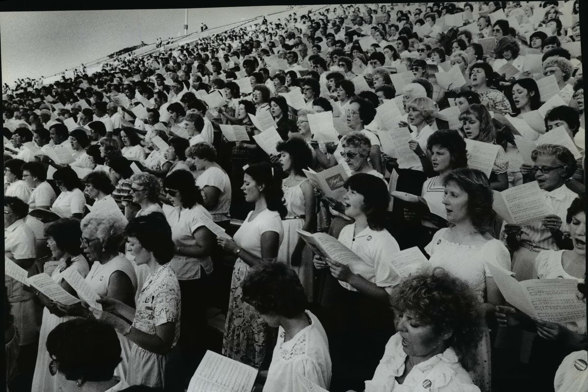 View of the crowd in Spokane during Billy Graham