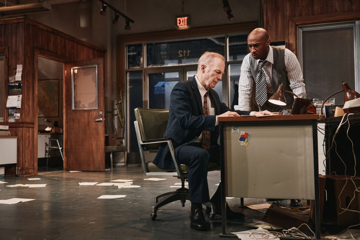 Bob Odenkirk, left, and Donald Webber Jr. in the 2025 Broadway revival of “Glengarry Glen Ross.”   (Emilio Madrid/Broadway/TNS)