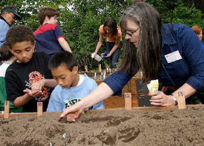 
Master Gardener Cheryl Fry helps students from Linda Bradley's Montessori class at Jefferson Elementary sow lettuce seeds at the Manito Park Garden Project's Planting Day. . 
 (Photo courtesy Sue Malm / The Spokesman-Review)