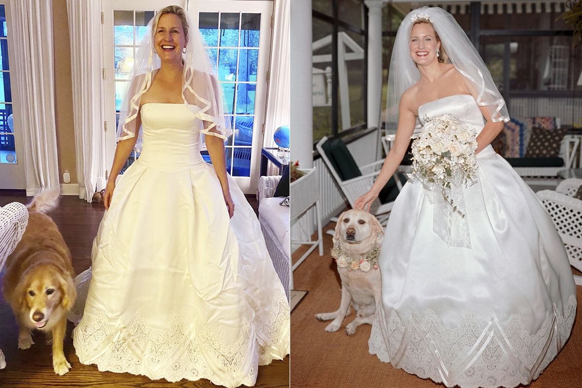 This combination photograph shows Elizabeth O’Connor Cole wearing her wedding gown with her dog Holly, left, at her home on May 26, 2020, and Cole in the same gown with her dog McGee on her wedding day on May 26, 2001.  (Elizabeth Cole/Jessica Tampas Photography)