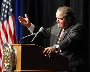 U.S. Supreme Court Justice Antonin Scalia gives the keynote speech at the Snake River Adjudication celebration dinner at the Boise Center on the Grove in Boise, Idaho, on Monday, Aug. 25, 2014. (AP / Otto Kitsinger)
