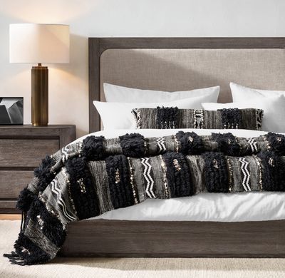 A Moroccan wedding blanket woven of sheep’s wool and cotton, embellished with lilim bands, plush fringe and metallic sequins, is shown in this 2016 image provided by Restoration Hardware, now known as RH.  (HONSX)