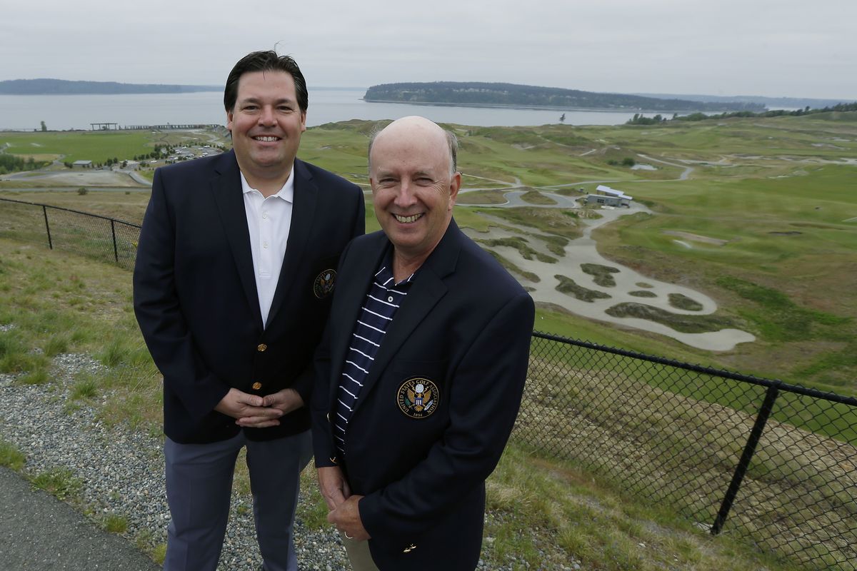 Danny Sink, left, director of the 2015 U.S. Open, and Larry Gilhuly, Northwest director of the USGA Green Section, at Chambers Bay. (Associated Press)