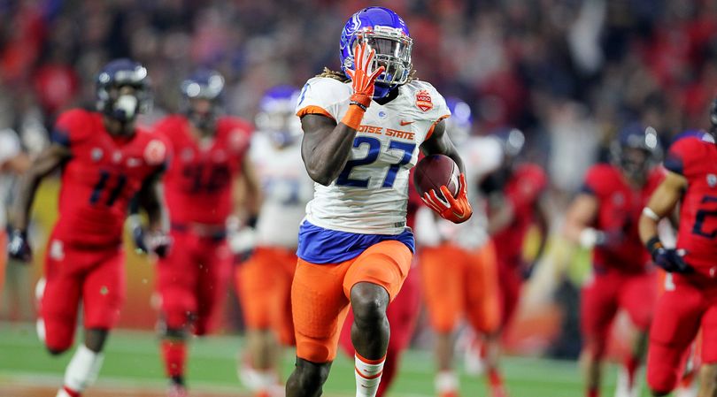 Boise State running back Jay Ajayi (27) breaks loose for a touchdown during the first quarter of the Fiesta Bowl NCAA college football game in Glendale, Ariz., on Wednesday Dec. 31, 2014. Boise State won 38-30. (Kyle Green / Idaho Statesman)