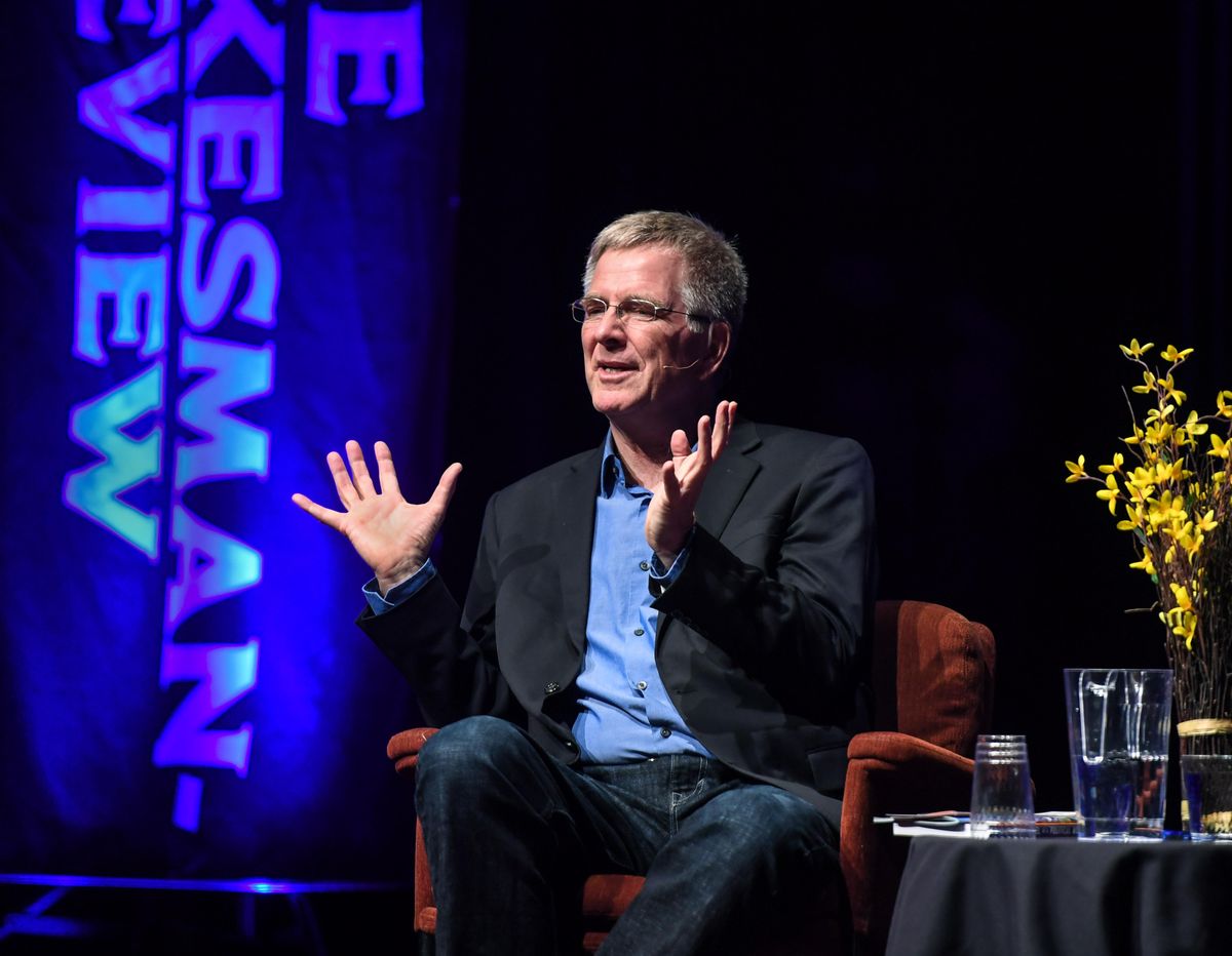 Travel author Rick Steves talks about traveling with his father in Germany at the Northwest Passages Book Club event, Thursday, Nov. 29, 2018, in the Bing Crosby Theater. (Dan Pelle / The Spokesman-Review)