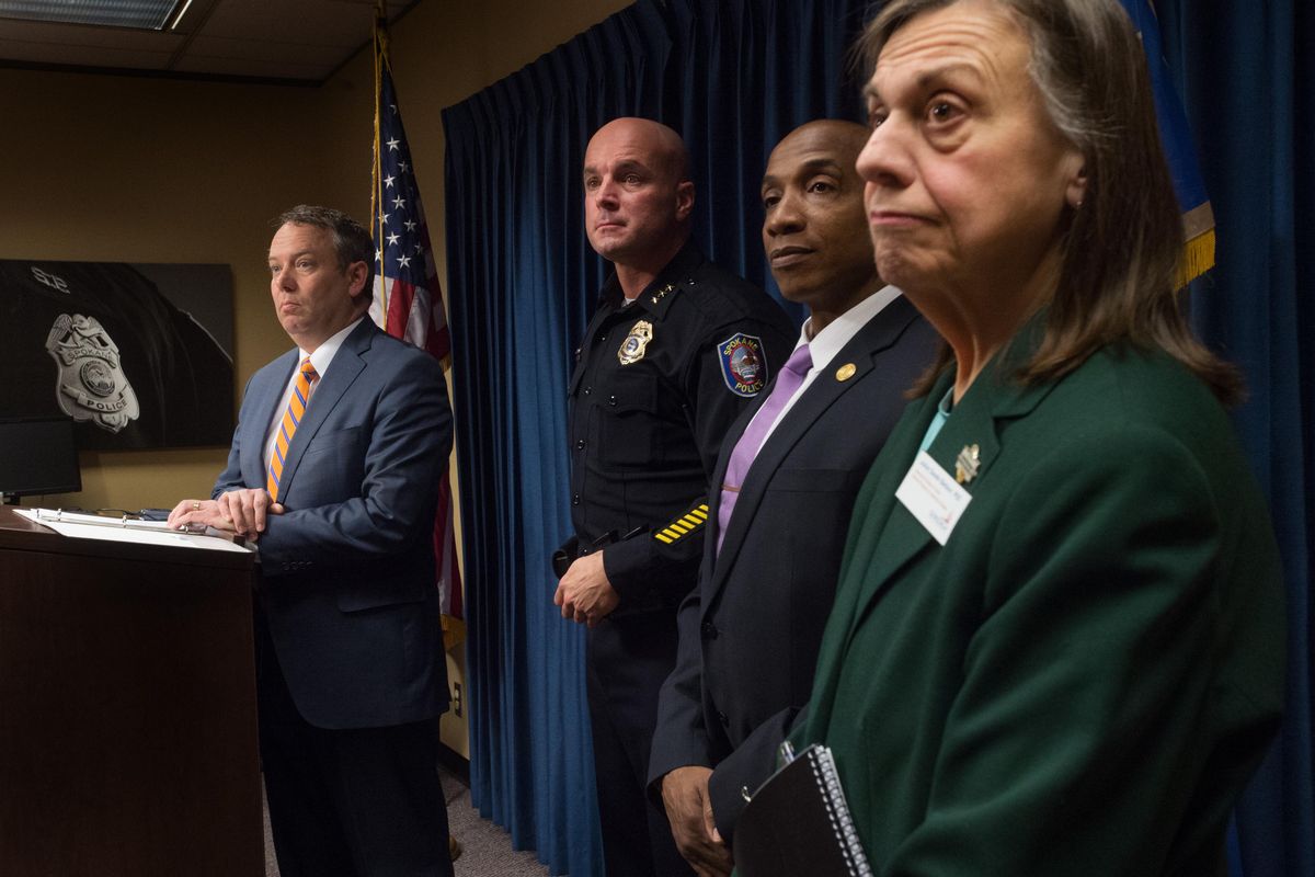 From left, Mayor David Condon, Spokane police Chief Craig Meidl, NAACP President Phillip Tyler and Gonzaga’s JoAnn Danelo Barbour – who helped author the report – field questions from the media during a news conference discussing the results of a Spokane Police Department-wide culture audit on Friday, March 24, 2017, at the Public Safety Building in Spokane, Wash. (Tyler Tjomsland / The Spokesman-Review)