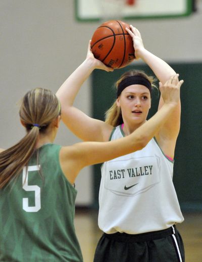Erin Wallman, a returning all-league player for the East Valley Knights, plays offense in practice Wednesday at East Valley High School. (Jesse Tinsley)