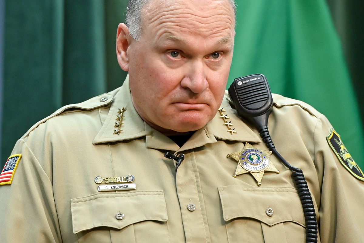 Spokane County Sheriff Ozzie Knezovich fields questions from the media last month during a news conference on Camp Hope at the Spokane County Public Safety Building.  (Tyler Tjomsland/The Spokesman-Review)