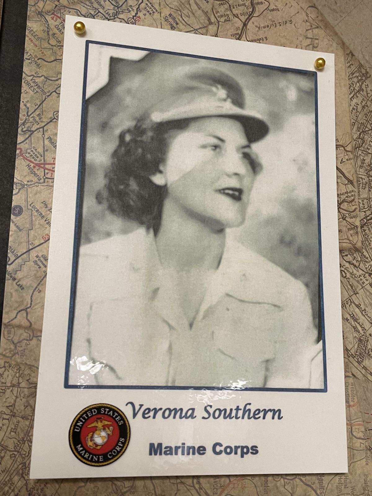 A photo of U.S. Marine veteran Verona Southern is pinned to a wall Sept. 7 inside Evergreen Fountains Senior Living Community in Spokane Valley.  (Garrett Cabeza / The Spokesman-Review)