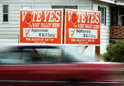 
A sign encouraging voters to support the West Valley replacement levy is displayed on the east side of Argonne Road on Tuesday in Spokane Valley.
 (Liz Kishimoto / The Spokesman-Review)