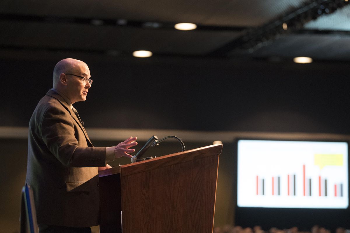 Grant Forsyth, chief economist with Avista Corp., speaks Wednesday, Nov. 8, 2017 at the 20th Annual Economic Forecast breakfast at the Spokane Convention Center (Jesse Tinsley / The Spokesman-Review)