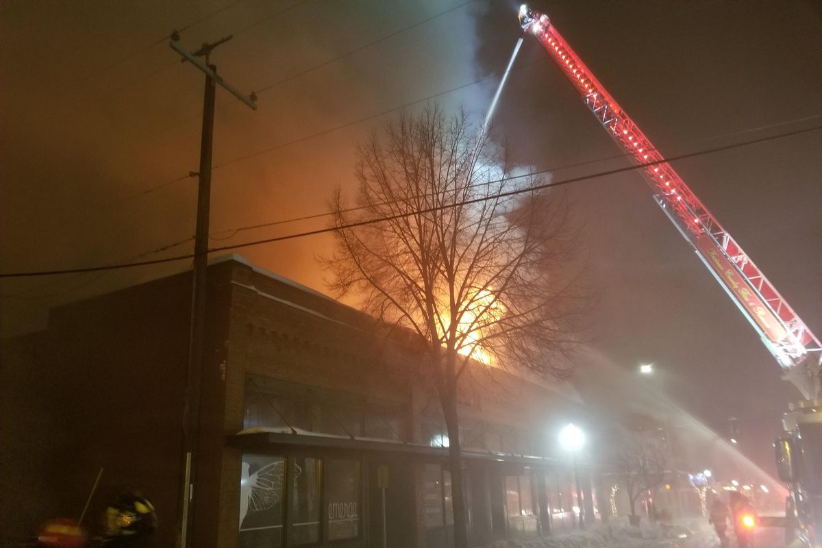 Coeur d’Alene firefighters respond to a structure fire that displaced six businesses at Fourth Street and Lakeside Avenue early Monday, Jan. 20, 2020. (Courtesy photo / Coeur d’Alene Fire Department)