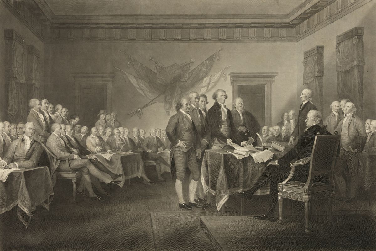 This image shows an 1876 engraving titled "Declaration of Independence, July 4th, 1776" made available by the Library of Congress. On that day, the Continental Congress formally endorsed the Declaration of Independence. Celebrations began within days: parades and public readings, bonfires and candles and the firing of 13 musket rounds, one for each of the original states. Nearly a century passed before the country officially named its founding a holiday.  (J. Trumbull, W.L. Ormsby)