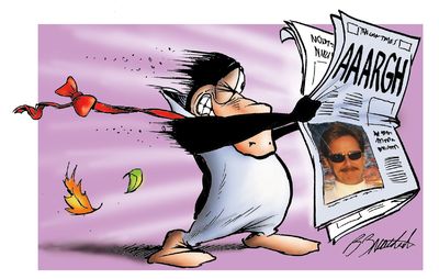 In this photo illustration provided by cartoonist Berkeley Breathed, the main character from his comic strip, Opus,  reads a newspaper with a 2008 photo of Breathed.  (Associated Press / The Spokesman-Review)