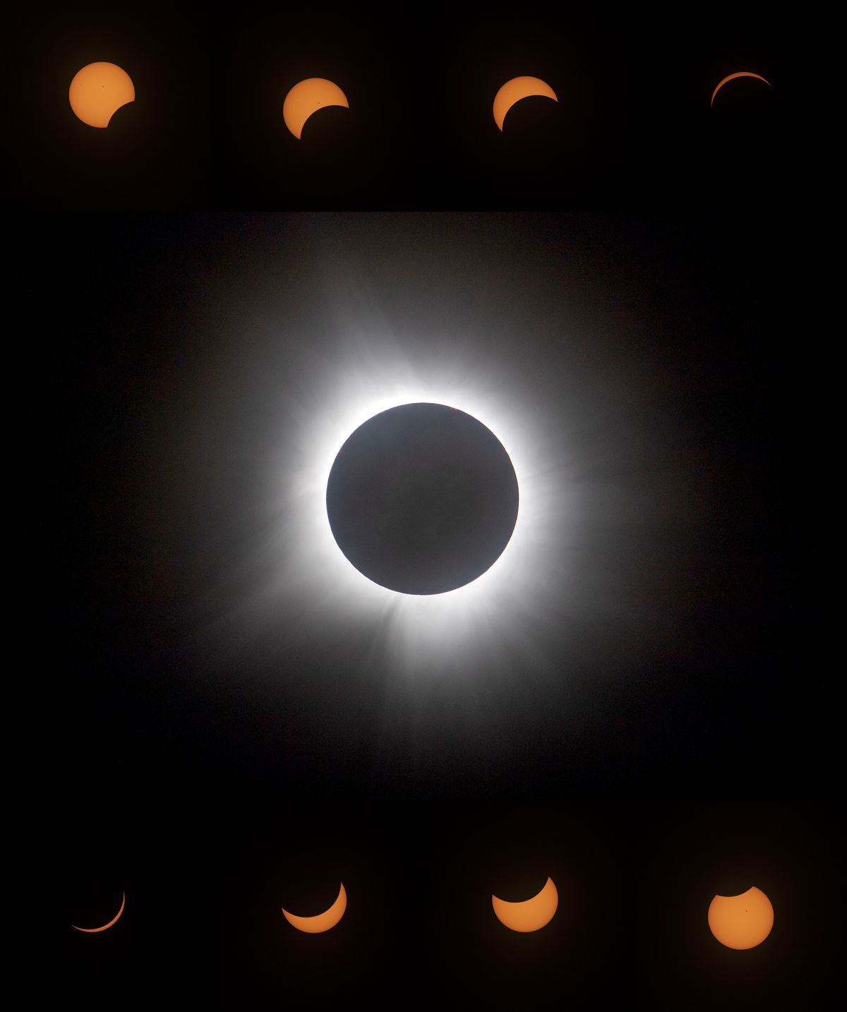 The total solar eclipse lasted 2 hours, 38 minutes, with 4 minutes, 12 seconds of totality, as seen from Russellville, Ark.   (Jonathan Newton/For The Washington Post)