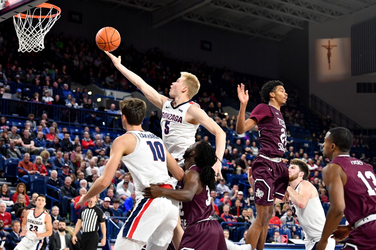 Gonzaga forward Martynas Arlauskas rises for a layup attempt against Texas Southern in a Dec. 4 contest at the McCarthey Athletic Center.  (Tyler Tjomsland / The Spokesman-Review)