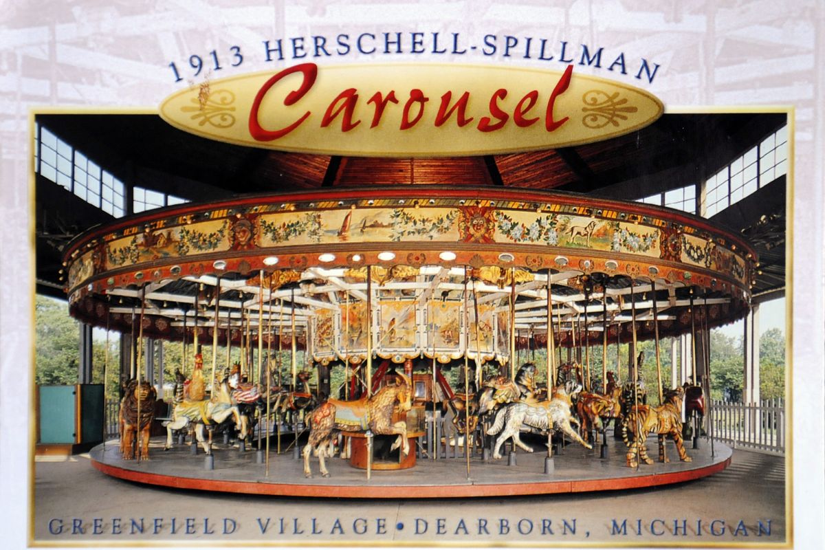 A postcard shows the Herschell-Spillman Carousel in Greenfield Village in Dearborn, Mich., that had been at Sandy Beach Resort at Liberty Lake from 1923 to 1953. Last summer Mary Floy Dolphin and Howard Dolphin visited the carousel.
