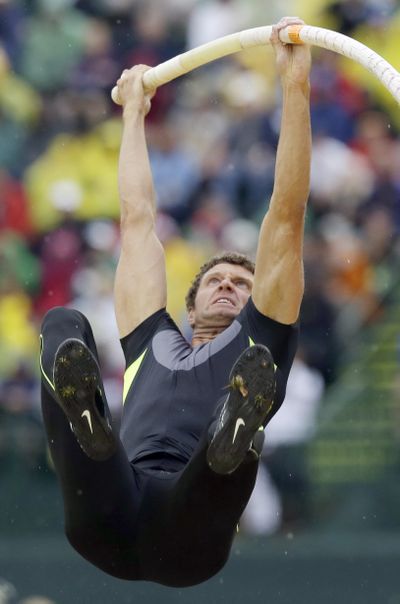 University High School graduate Brad Walker clears the bar in the pole vault final at the U.S. Olympic Track and Field Trials on June 28 in Eugene, Ore. (Associated Press)