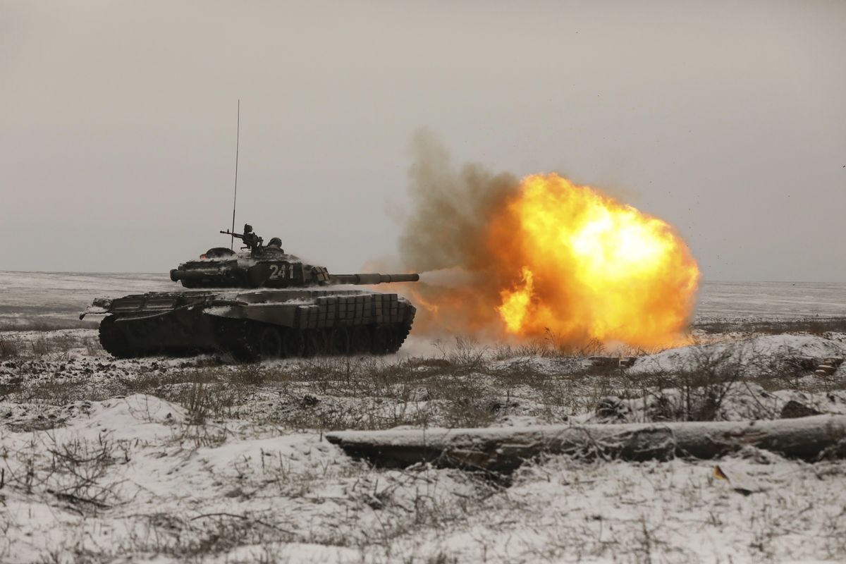 A Russian tank T-72B3 fires as troops take part in drills at the Kadamovskiy firing range in the Rostov region in southern Russia, on Jan. 12, 2022. The failure of last week