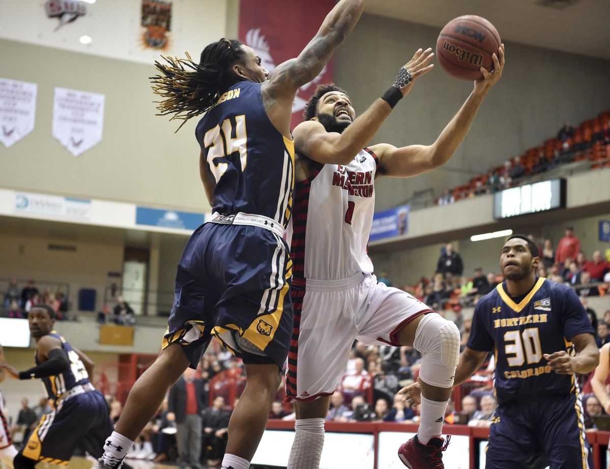 Eastern Washington guard Julian Harrell (1) scores against Northern Colorado during a college basketball game on Saturday, Feb. 13, 2016, at Reese Court in Cheney, Wash. (Tyler Tjomsland / The Spokesman-Review)