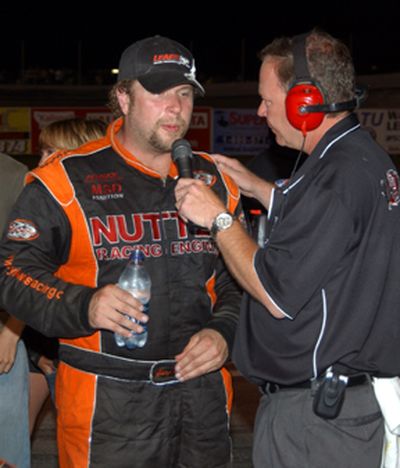 Gary Lewis interviews with MRN Radio's Paul Bartholomew after winning the Coors Light Montana 200. (Photo courtesy of Caren Strimple, Northfork Photo/Montana Raceway Park) (The Spokesman-Review)