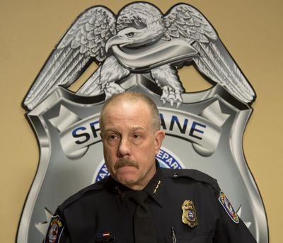 FILE – Spokane Police Chief Frank Straub answers questions about the arrest of murder suspect Timothy E. Suckow during a press briefing, Jan. 14, 2014 at the Public Saftey Building. (Dan Pelle / The Spokesman-Review)