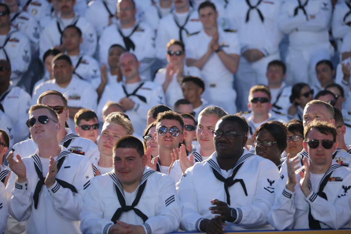 Navy sailors watch as U.S. President Donald Trump makes remarks Oct. 5 during the Navy 250 Celebration at the USS Harry S. Truman aircraft carrier in Norfolk, Va. (Getty Images)