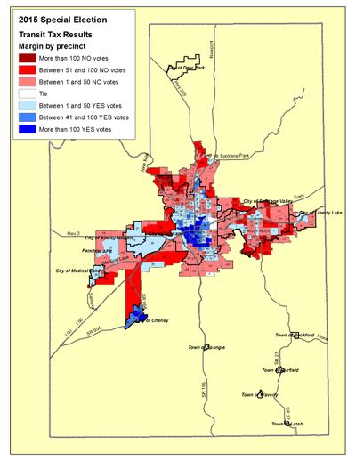 This is a map of the STA tax proposal from the special election with most of the votes counted. (Jim Camden/Spokesman-Review)