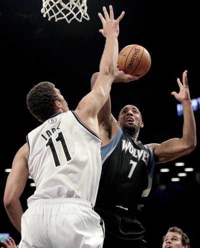 Derrick Williams (7) and the Minnestoa Timberwolves outscored the Nets 32-10 in the fourth quarter to win in Brooklyn on Monday. (Associated Press)