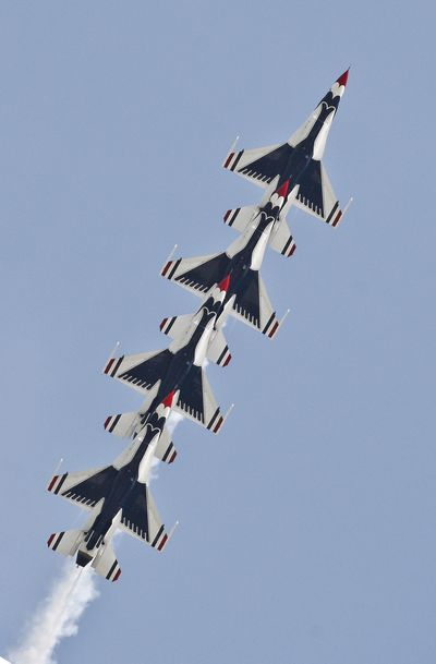 The US Air Force Thunderbirds F16 demonstration squadron performs in Mihail Kogalniceanu, eastern Romania, Wednesday June 8, 2011. The southern Romanian air base of Deveselu will be one of the stations for AEGIS ballistic missile defense technology, part of the US missile shield in Europe. (Vadim Ghirda / Associated Press)