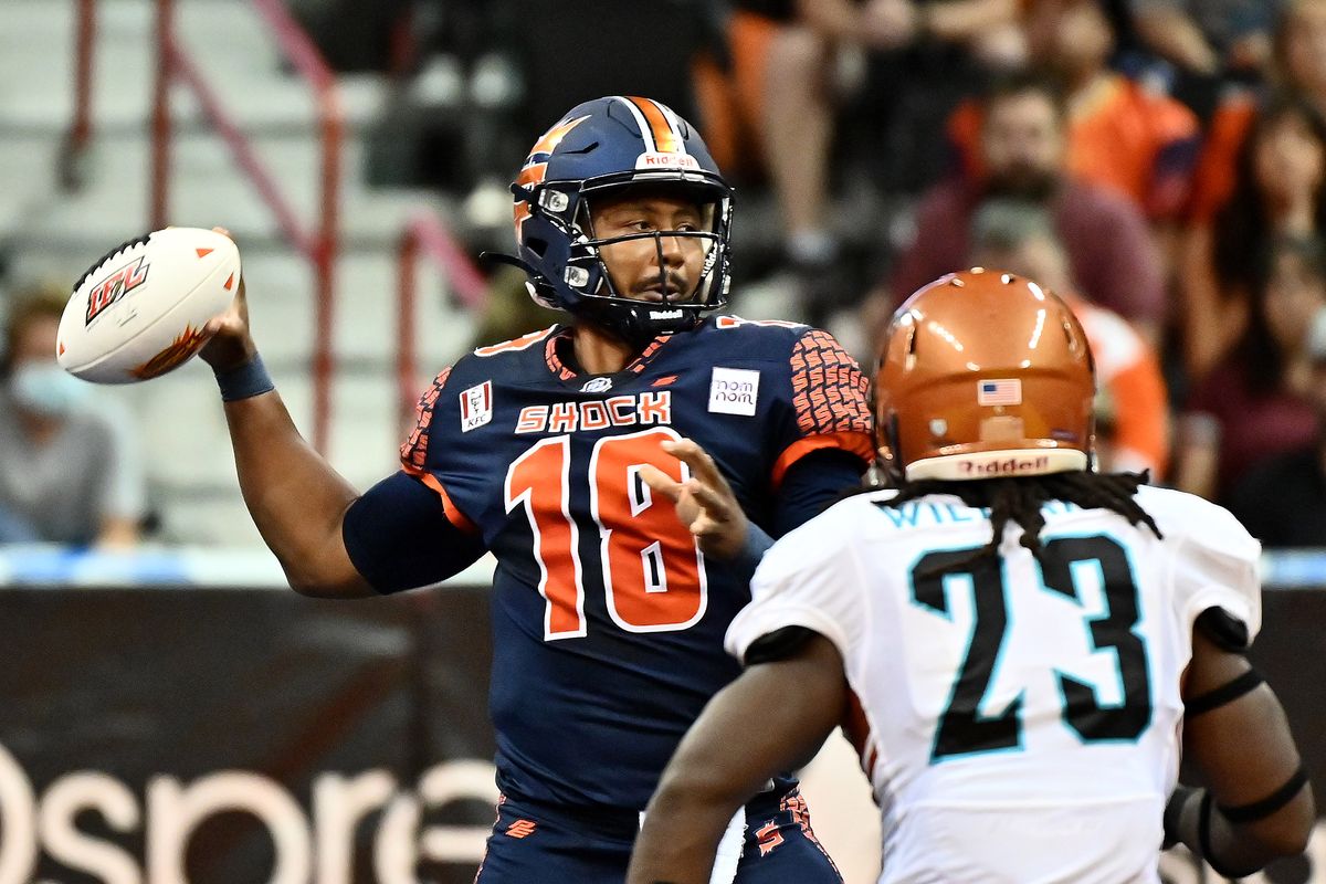 Quarterback Marcus McDade drops back to pass Friday as Spokane ended its Indoor Football League regular season with a 30-20 loss to the Arizona Rattlers at the Arena.  (James Snook/FOR THE SPOKESMAN-REVIEW)