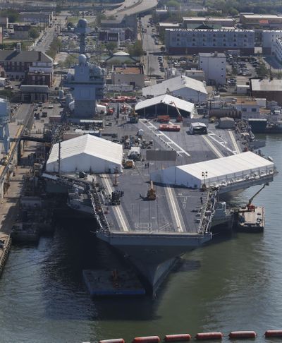 This April 27, 2016, file photo shows the USS Gerald R. Ford under construction at Newport News Shipbuilding in Newport News, Va. (Steve Helber / Associated Press)