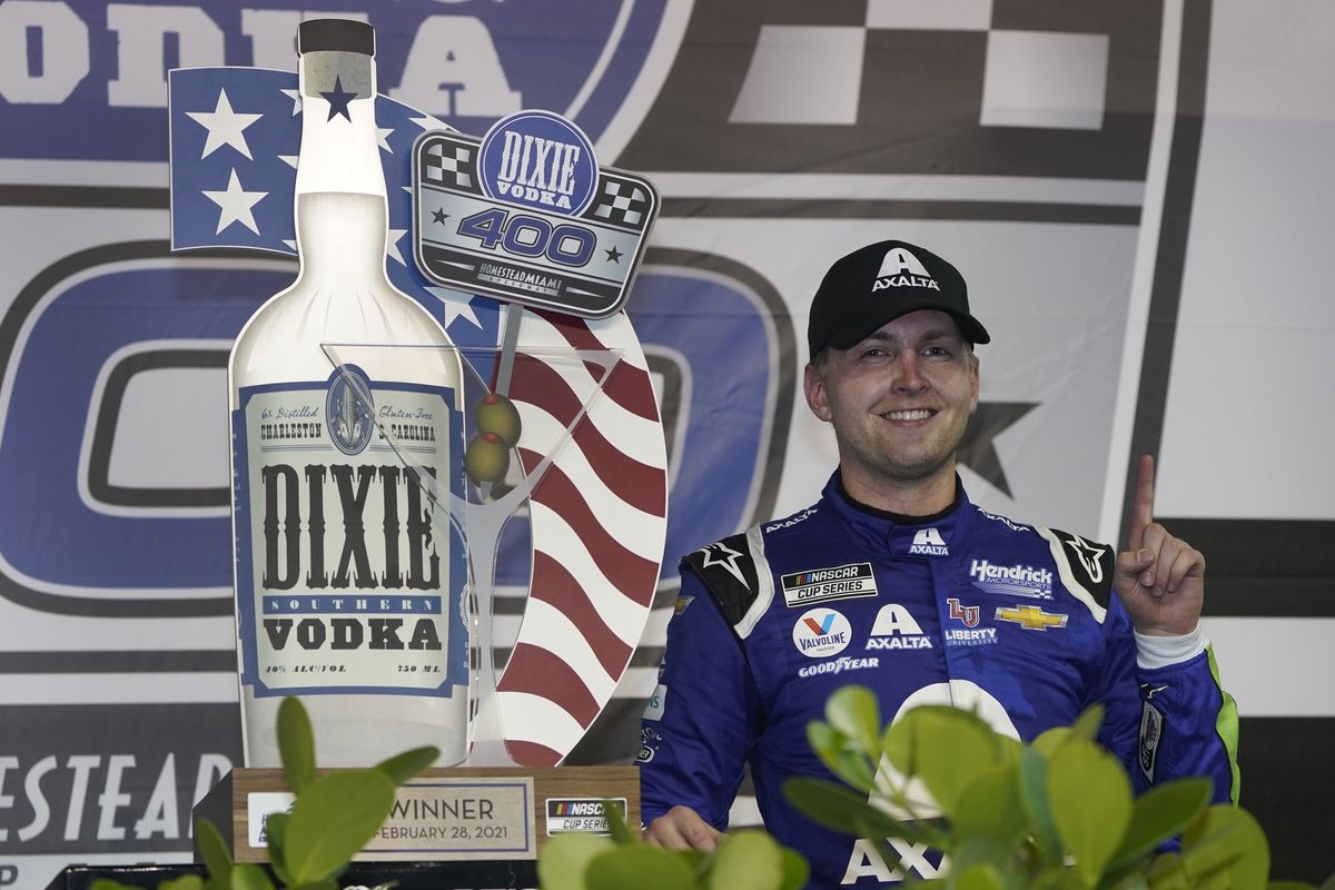 William Byron celebrates after winning a NASCAR Cup Series auto race, Sunday, Feb. 28, 2021, in Homestead, Fla.  (Wilfredo Lee)