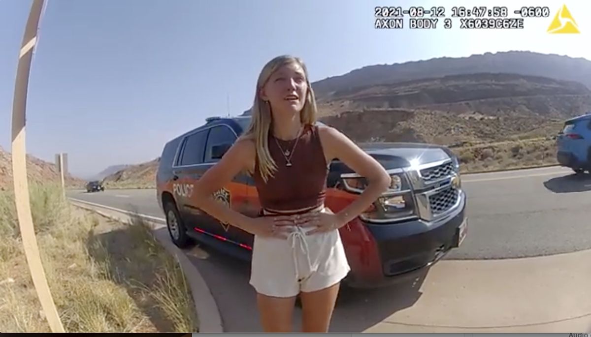 This police camera video provided by The Moab Police Department shows Gabrielle “Gabby” Petito talking to a police officer after police pulled over the van she was traveling in with her boyfriend, Brian Laundrie, near the entrance to Arches National Park on Aug. 12, 2021. The couple was pulled over while they were having an emotional fight. Petito was reported missing by her family a month later and is now the subject of a nationwide search.  (HOGP)