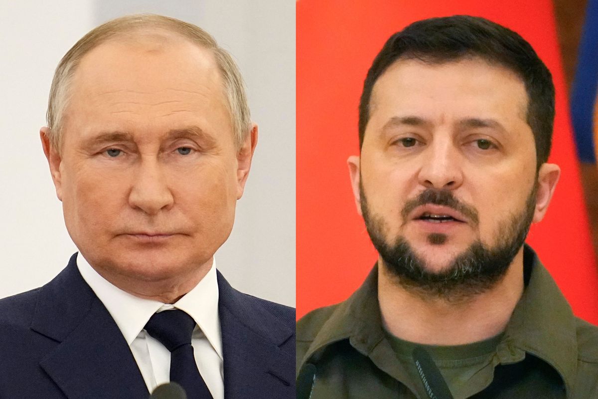 Russian President Vladimir Putin at the Kremlin in Moscow, on April 26, 2022, and Ukrainian President Volodymyr Zelenskyy in Kyiv, Ukraine, on May 8, 2022. An interminable and unwinnable war in Europe? That