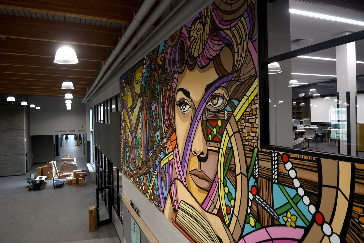 A mural overlooks the cafeteria and commons at Ridgeline High School in Liberty Lake. (kathy plonka)
