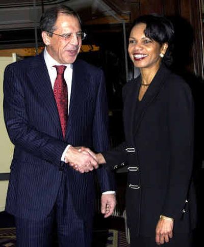 
 U.S. Secretary of State Condoleezza Rice, right, shakes hands with Russian Foreign Minister Sergey Lavrov Saturday in the Turkish capital of Ankara. 
 (USIS / The Spokesman-Review)