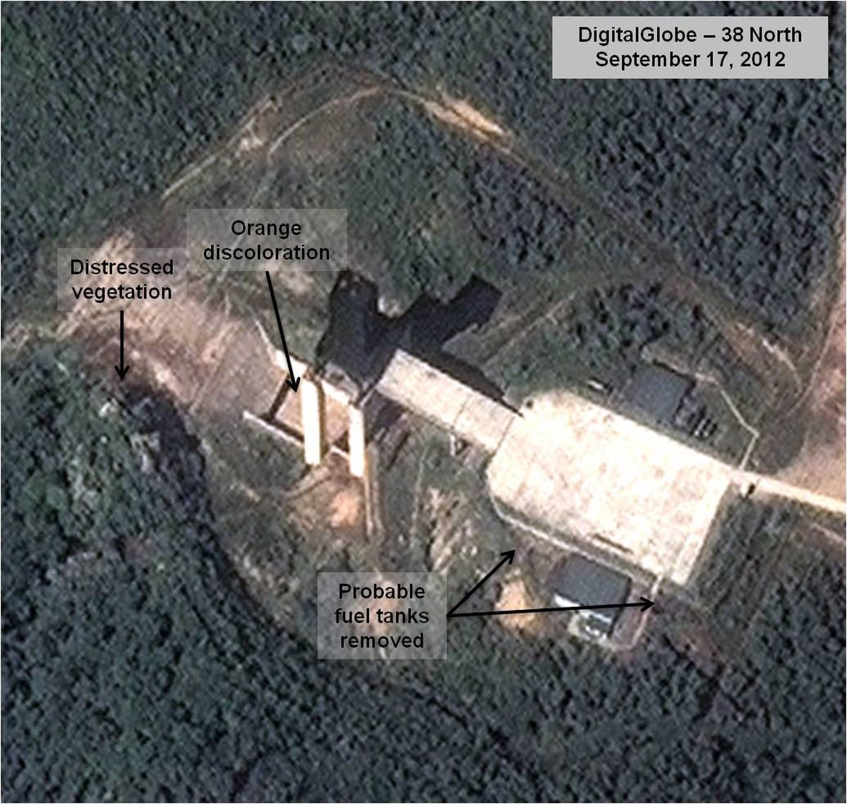 This Sept. 17, 2012 satellite image provided by DigitalGlobe and annotated by the U.S.-Korea Institute at Johns Hopkins School of Advanced International Studies, 38 North, shows a facility in Sohae, North Korea where analysts believe rocket engines have been tested in a sign North Korea continues to develop its long-range ballistic missiles. The analysis provided to The Associated Press is based on satellite images taken as recently as late September of the Sohae site on the secretive country