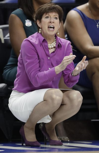 Notre Dame head coach Muffet McGraw reacts to a call during the first half of an NCAA college basketball game against Louisville in the championship of the women's Atlantic Coast Conference tournament in Greensboro, N.C., Sunday, March 4, 2018. (Chuck Burton / Associated Press)