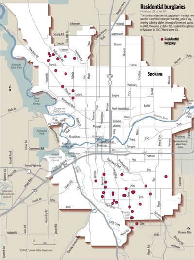 This map by graphic artist Molly Quinn shows jewelry burglaries that have hit Spokane in the past two months. (The Spokesman-Review)